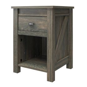 Farmhouse 1-Drawer Nightstand, Open Shelf in Rustic Grey Oak