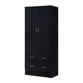 Black 2 Door Wardrobe Armoire, 2 Drawers, hanging rod storage