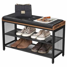 Black Metal Entryway Shoe Rack with Padded Seat Cushion