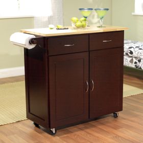 43" W Espresso Portable Kitchen Island Cart, Natural Wood Top