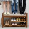 Solid Wood Shoe Rack Storage Bench with Cushioned Seat 2 Shelves and Drawer