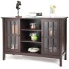 Brown Wood Sofa Table Cabinet w/ Tempered Glass Panel doors