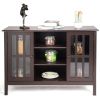 Brown Wood Sofa Table Cabinet w/ Tempered Glass Panel doors