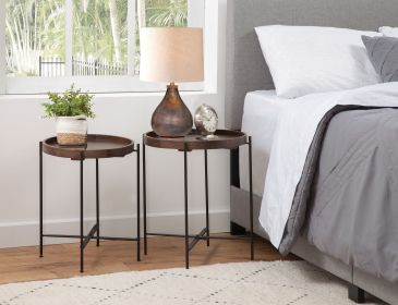 Brown Modern Round Wood Side Tables with Metal Legs, 2 pc