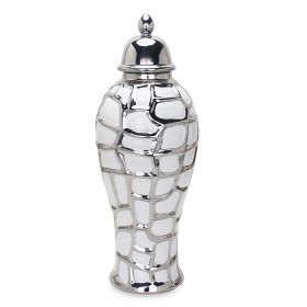 Regal White and Silver Ceramic Decorative Ginger Jar, 7" x 16"