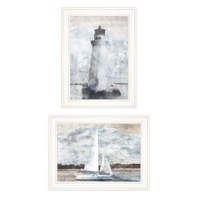 White Framed "Lighthouse Sailboat" 2 pc By Bluebird Barn