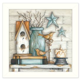 White Framed "Birdhouse on Books" By Mary June