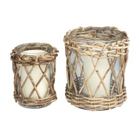 DecMode 2 Candle Handmade Brown Rattan Woven Holder