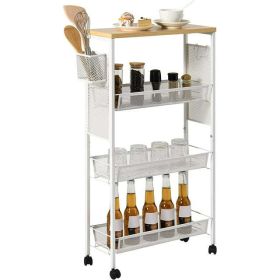 White 34" Wooden Tabletop 4-Tier Cart on wheels, mesh baskets