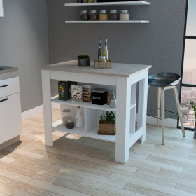 Brooklyn Antibacterial Surface Kitchen Island; 3 Shelves (Color: White / Light Gray)